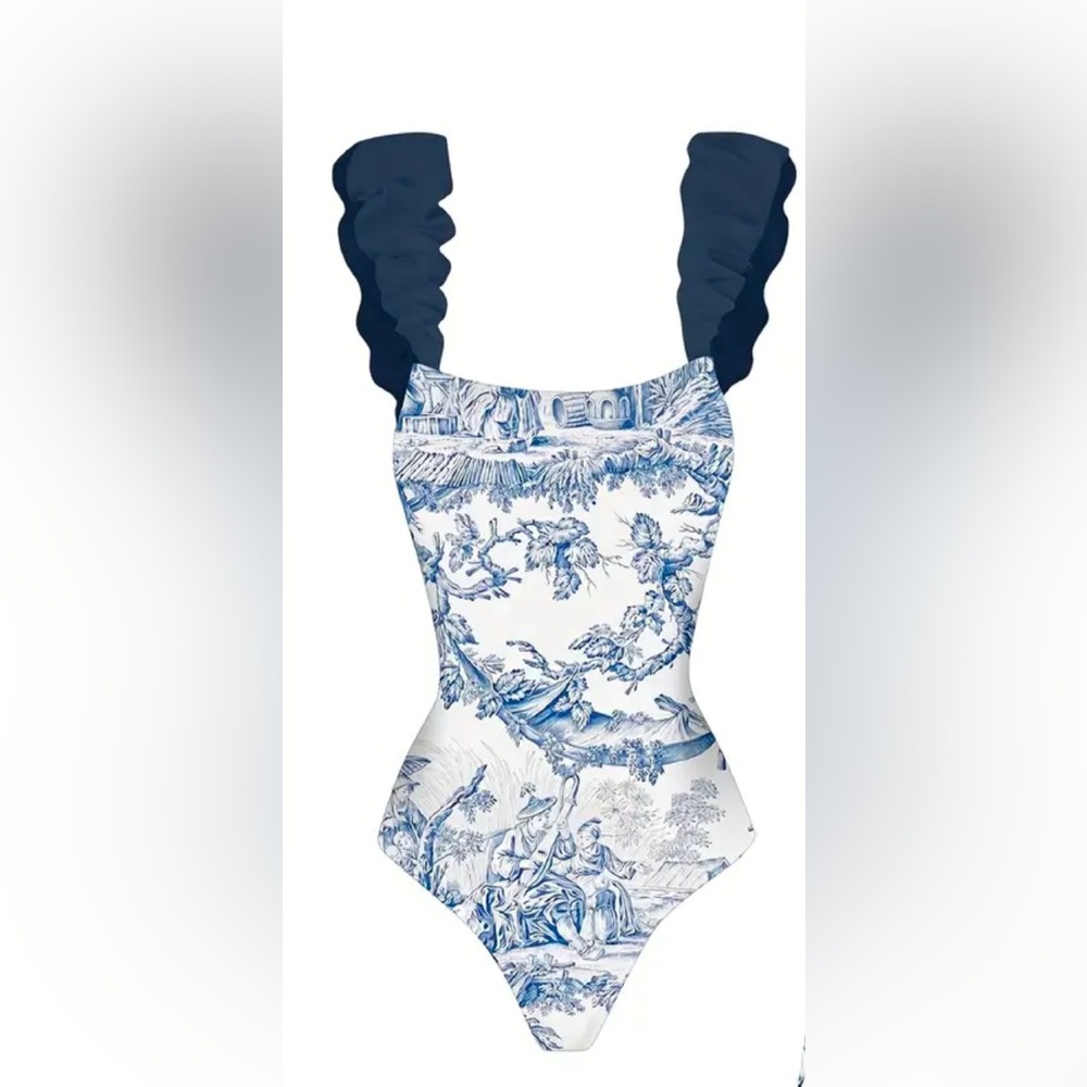 Character and Plant Graphic Swimsuit, with Shoulder Strap One-Piece Swimsuit